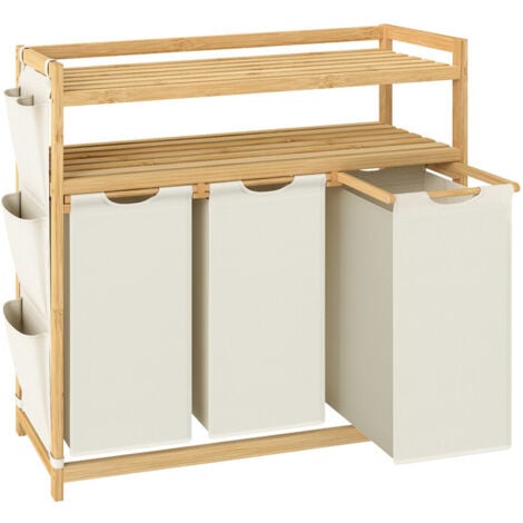 Panier à Linge, avec 3 Compartiments, Corbeille à Linge Sale, en Bambou, Capacité de 150 Litres, avec Étagère, Poches Latérales, 3 x 50 L, 94 x 33 x 98 cm, Blanc Crème