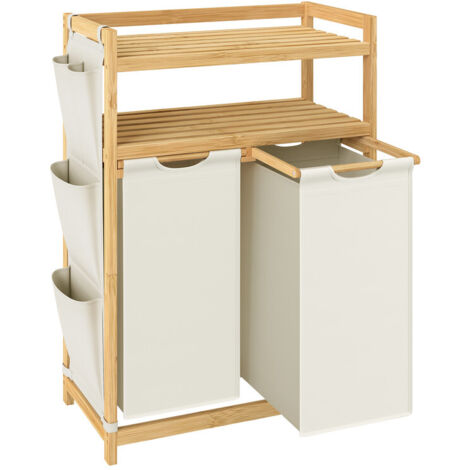 Songmics – Panier à linge en bambou 100L – 2 compartiments – Étagère et poches latérales – Dimensions 63 x 33 x 98 cm – Blanc crème