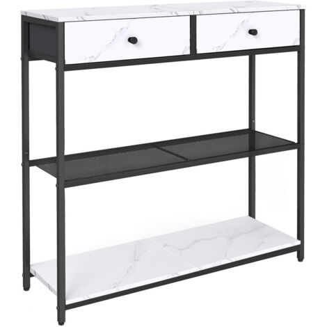 Vasagle – Table console étroite 3 niveaux 24x76x80 cm – 2 tiroirs tissu – Blanc marbré et noir d'encre – Structure acier pour entrée et salon