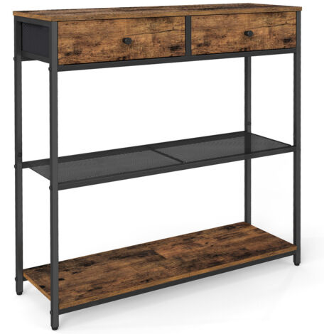 Vasagle – Table console étroite 24 x 76 x 80 cm – 2 tiroirs en tissu – 3 niveaux – Acier et aggloméré – Marron rustique et noir d'encre
