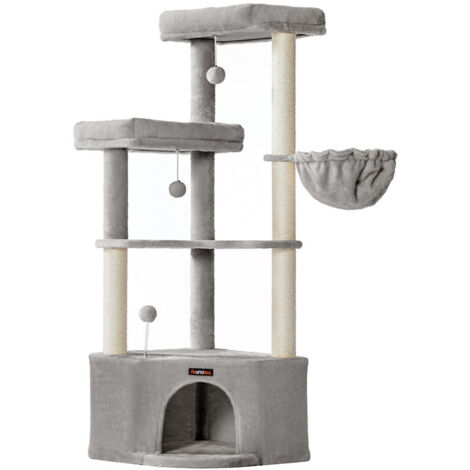 Arbre à Chat PawHut 90 Cm Avec Niche, Hamac, Grattoirs, Jouets - Tissu Peluche, Gris, Pour Chats Jusqu’à 4 Kg