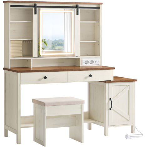 Coiffeuse avec Miroir et Éclairage, Style Ferme, avec Tabouret, Multiprise, 2 Tiroirs, Rangement pour Bijoux, Blanc Rustique et Marron Miel