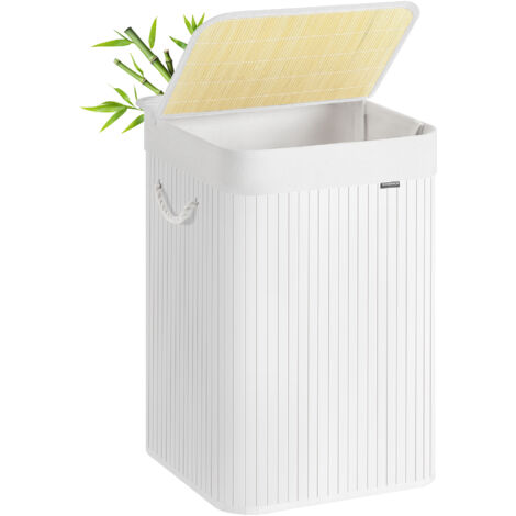 Panier à Linge 95 L, Corbeille Linge Sale, Couvercle, en Bambou, Poignées, Pliable, Sac Amovible Lavable en Machine, pour Buanderie, Chambre, Blanc (1/5)
