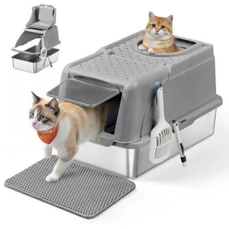 Bac à Litière pour Chat, en Acier Inoxydable, avec Couvercle Basculant, Grande Taille, Design Étanche, Pelle, Brosse, Double Entrée, pour Chats Jusqu'à 15 kg, Gris Tourterelle (1/5)