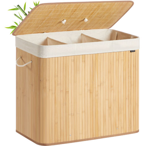 Panier à Linge avec Couvercle, 3 Compartiments, 170 Litres, en Bambou, Sac Amovible et Lavable en Machine, pour Buanderie, Naturel (1/5)