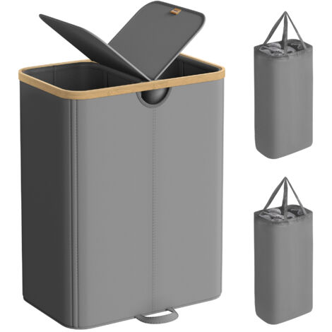 Panier à Linge à 2 Compartiments, 150 Litres, Trieur de Linge Sale avec Couvercle, Sacs Amovibles, pour Buanderie, Chambre, Salon, Gris Ardoise et Beige Naturel (1/5)