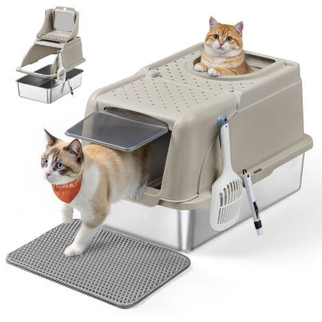 Bac à Litière pour Chat, en Acier Inoxydable, avec Couvercle Basculant, Grande Taille, Design Étanche, Pelle, Brosse, Double Entrée, pour Chats Jusqu'à 15 kg, Beige Cappuccino (1/5)