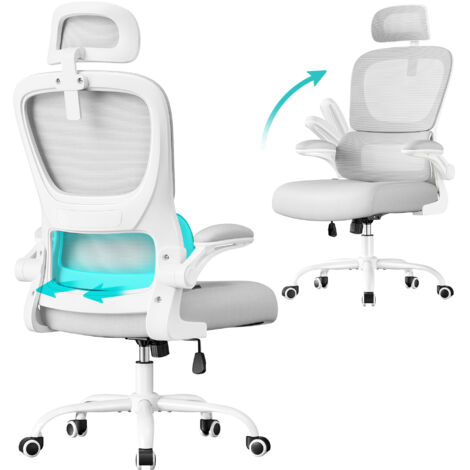 Chaise de Bureau, Chaise Ergonomique, avec Tissu en Maille Double Couche, Accoudoirs Rabattables, Soutien Lombaire et Appui-Tête Réglables, Fonction de Bascule, Gris Tourterelle (1/5)