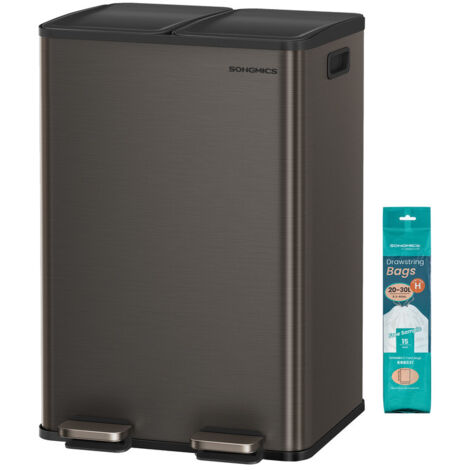 Poubelle de Cuisine, 2 x 30 L, 2 Compartiments, Poubelle à Pédale, Couvercle à Fermeture Douce, avec Seaux Intérieurs, Acier Inoxydable, 15 Sacs Poubelle Inclus, Gris Ardoise