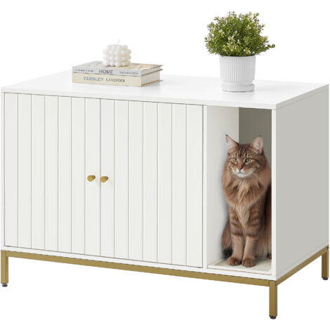 Meuble Litière pour Chat, Maison de Toilette pour Chat, avec Tapis de Grattage, Pieds Hauts, Table d'Appoint, 90 x 48 x 61,5 cm, Blanc et Doré (1/5)