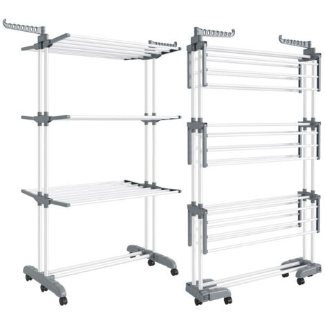 Songmics – Étendoir à linge mobile 4 niveaux – Pliable avec roulettes – Acier inoxydable – 63,5 x 125,5 x 173 cm – Grande capacité 41 kg – Intérieur et extérieur