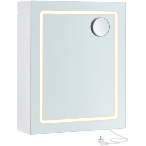 Armoire Murale Salle de Bain avec Miroir, avec LED, Multiprise, Fonction Anti-buée, Miroir Grossissant 10x, Style Moderne, 16,5 x 50 x 60 cm, Blanc (1/5)
