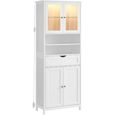 Meuble de Rangement avec Éclairage, Armoire de Salle de Bain, avec Étagères Réglables, Tiroir, Compartiments Ouverts, pour Salle de Bain, Salon, Salle à Manger, Blanc Nuage