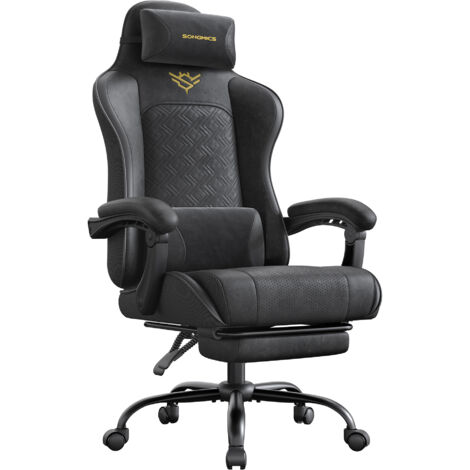 Chaise Gaming, Chaise de Bureau, Ergonomique, Fauteuil Gaming, Coussin d’Assise à Ressorts, Repose-Pieds, Accoudoirs avec Mécanisme Synchrone, Noir d'Encre