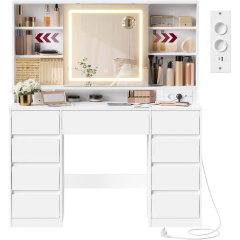 Coiffeuse avec Miroir LED, Multiprise, 9 Tiroirs, Loupe 10x, Rangement Bijoux, Éclairage 3 Couleurs, Installation des Rails sans Outils, Blanc Nuage