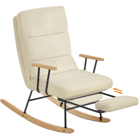 Fauteuil à bascule en bois d'hévéa – Dossier réglable 4 positions – Tissu peluche – Supporte jusqu'à 160 kg – Marron camel – Dimensions 97 x 67 x 100 cm
