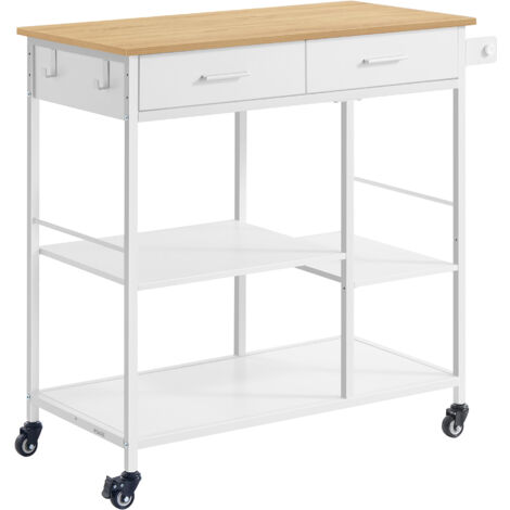 Vasagle – Desserte de cuisine mobile 45 x 98,7 x 90 cm – 2 tiroirs, 2 crochets, porte-serviettes – Acier robuste, beige chêne et blanc mat