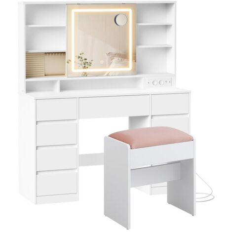 Vasagle – Coiffeuse enfant avec miroir LED – 9 tiroirs – Éclairage 3 couleurs – Miroir grossissant 10x – Rangement bijoux – Design moderne blanc (1/5)