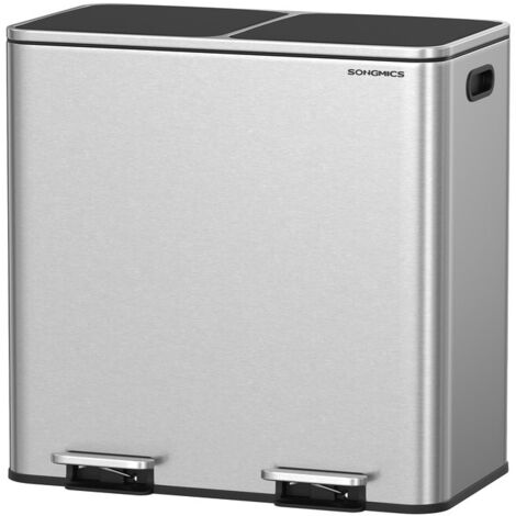 Poubelle à Double Compartiment 2 x 40 L, avec 15 Sacs Poubelles, Pédales en Métal, 2 Seaux Intérieurs en Plastique, Couvercles, Poignées, Fermeture en Douceur, Argent