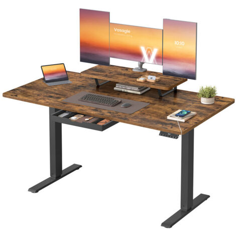Bureau Électrique Réglable en Hauteur, 140 x 70 cm, Support d'Écran à Montage Flexible, Tiroir, Port USB-C, Rappel de Sédentarité, pour Télétravail, Marron Rustique