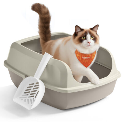 Bac à Litière pour Chat, Parois Hautes, XXL, Ouvert sur le Dessus, avec Pelle, pour Chatons et Grands Chats, Beige Cappuccino (1/5)