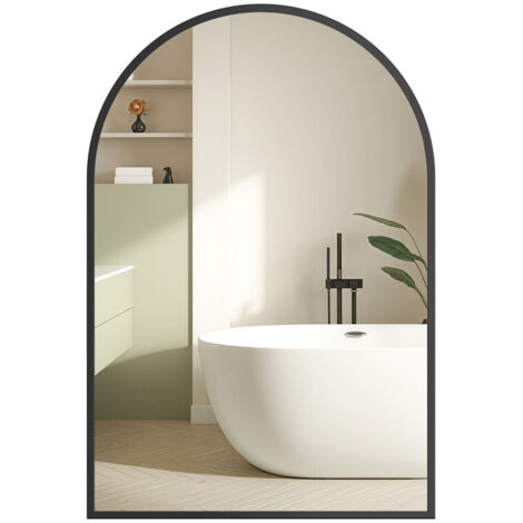 Songmics – Miroir mural arqué 91 x 61 cm – Verre trempé avec film de sécurité – Cadre en aluminium noir – Montage facile pour salle de bain, salon, chambre