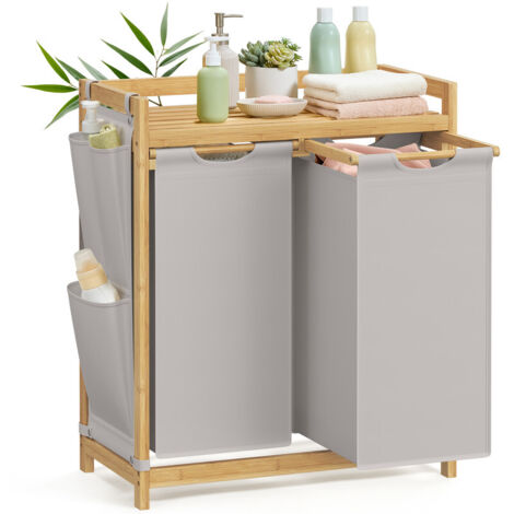 Panier à Linge, avec 2 Compartiments, Corbeille à Linge Sale, en Bambou, Capacité de 100 Litres, avec Étagère, Poches Latérales, 2 x 50 L, 63 x 33 x 78 cm, Gris Tourterelle (1/5)