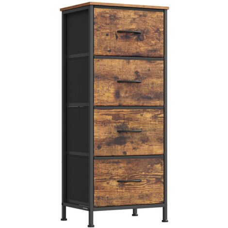 Commode à 4 tiroirs en tissu, acier, MDF, tissu non tissé, pour chambre à coucher, placard, couloir, salon, marron rustique et noir encre (1/5)