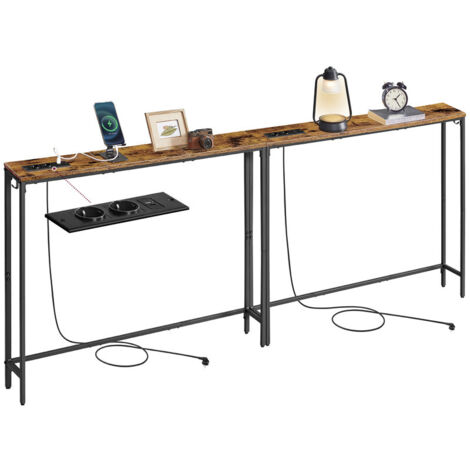 Vasagle – Lot de 2 tables consoles avec multiprise – Dimensions 15 x 100 x 80 cm – 2 prises + 1 USB – Finition bois rustique et noir d'encre – Montage facile