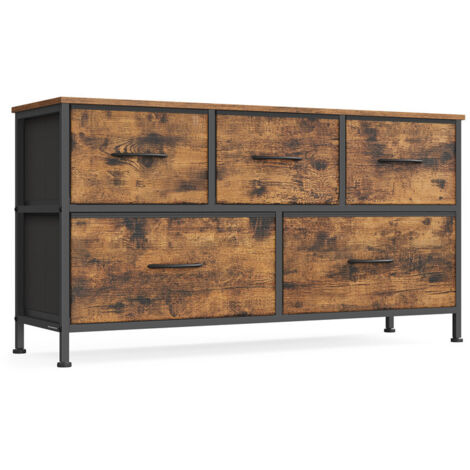 Songmics – Commode enfant 5 tiroirs en acier et MDF – Dimensions 30 x 98,8 x 52,2 cm – Tiroirs en tissu non tissé marron rustique et noir (1/5)