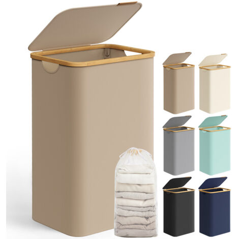 Panier à Linge Mince avec Couvercle, 90L, Gain de Place, Doublure en Maille Amovible, Tissu Oxford, Poignées en Bambou, Pliable, 42 x 32 x 70,5 cm, Marron Camel