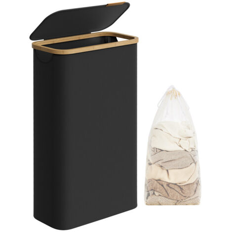 Panier à Linge Mince avec Couvercle, 65L, Gain de Place, Doublure en Maille Amovible, Tissu Oxford, Poignées en Bambou, Pliable, 42 x 22,5 x 70,5 cm, Noir d'Encre