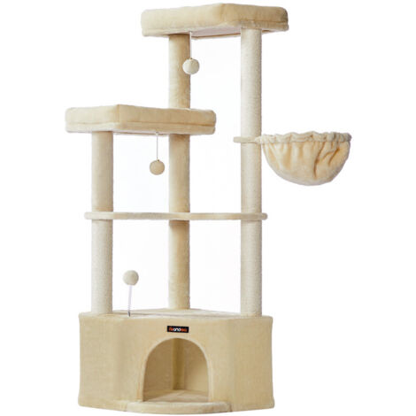 Arbre à Chat, 48,5 x 48,5 x 140,7 cm, Tour de Jeux pour Chats, avec Niche, Grandes Plateformes, Balles en Peluche, Hamac, Beige Sable