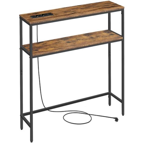Vasagle – Table console étroite avec prise intégrée – 2 étagères – 20 x 80 x 80 cm – Marron rustique et noir d'encre – Pour salon et couloir