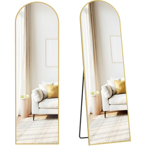 Songmics – Miroir sur pied 150 x 40 cm – Verre trempé de sécurité – Cadre en alliage d’aluminium – Design arqué pour chambre et salon – Doré clair (1/5)