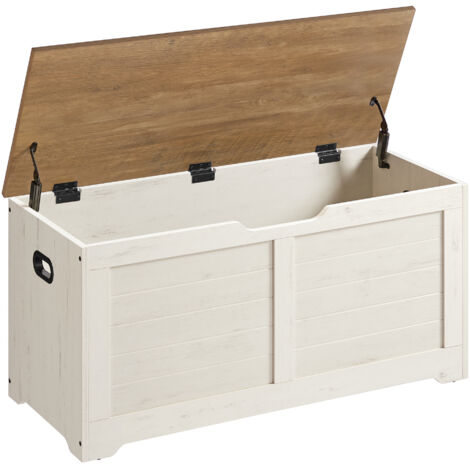 Vasagle – Coffre de rangement banc à chaussures 40 x 100 x 46 cm – 2 charnières de sécurité – Imitation grange – Capacité 136 kg – Blanc rustique et marron miel (1/5)