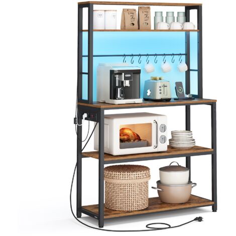 Étagère de Cuisine avec LED, Meuble de Cuisine avec Multiprise, Support pour Micro-ondes avec Étagères Réglables, 8 Crochets, 40 x 80 x 168,4 cm, Marron Rustique et Noir d'Encre