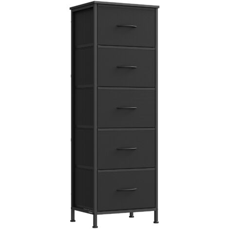Commode 5 Tiroirs, Meuble de Rangement pour Chambre, Acier, Panneau MDF, Tissu non-tissé, pour Couloir, Entrée, Salon, Noir d'Encre et Noir Boisé