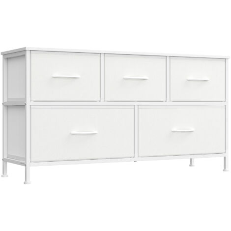 Commode 5 Tiroirs, Meuble de Rangement pour Chambre, Acier, Panneau MDF, Tissu non-tissé, pour Couloir, Entrée, Salon, Blanc Nuage et Blanc Neige