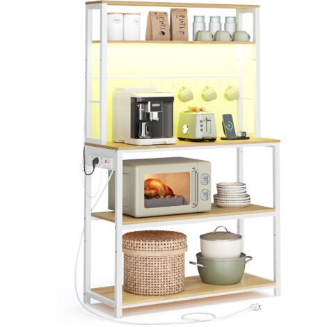 Étagère de Cuisine avec LED, Meuble de Cuisine avec Multiprise, Support pour Micro-ondes avec Étagères Réglables, 8 Crochets, 40 x 80 x 168,4 cm, Doré Chêne et Blanc Mat (1/5)