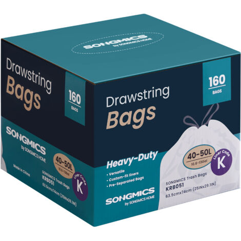 Sacs Poubelles Résistants, Sacs Poubelles à Liens Coulissants pour Poubelles de Cuisine 50 L, Pré-séparés, Code du Sac K, 4 Rouleaux, 160 Pièces, Blanc (1/5)