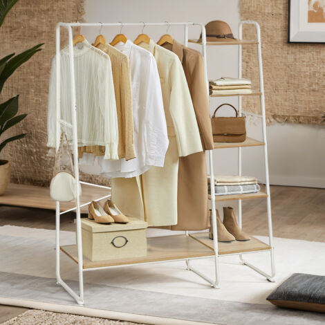 Portant à Vêtements avec Étagère à Chaussures et Rangement à 5 Niveaux, 6 Crochets Latéraux, Blanc