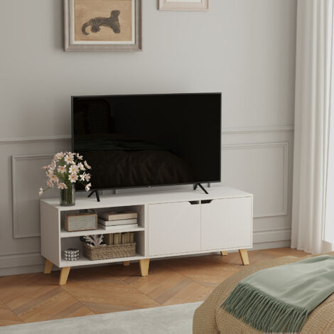 Vasagle – Meuble TV blanc neige 2 portes – Étagères réglables – Longueur 140 cm – Pour télévisions jusqu'à 60 pouces – Panneau d'aggloméré durable (1/5)