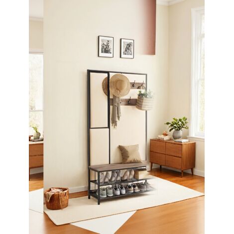 Meuble d’Entrée avec Crochets, Miroir, Banc et Étagère à Chaussures, 35,1 x 98,1 x 180,1 cm, Marron et Noir (1/5)