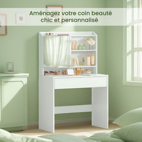 Vasagle – Coiffeuse enfant avec miroir et tiroir – Étagères réglables sur 3 niveaux – Panneau d’aggloméré – Dimensions 40 x 70 x 135 cm – Blanc nuage (1/5)