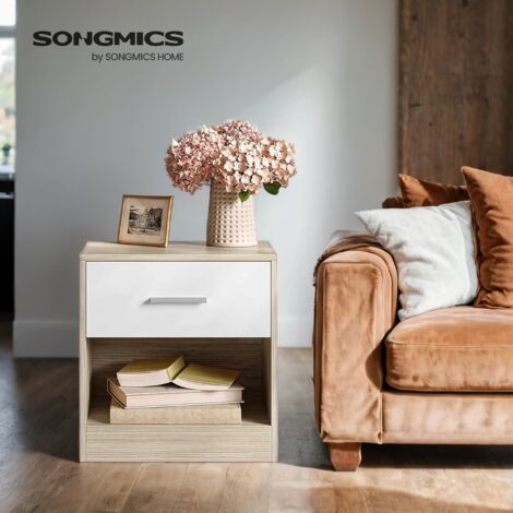Table de chevet, Table d'Appoint, avec Tiroir, Poignée, Compartiment Ouvert, pour Chambre, Salon, Beige Naturel
