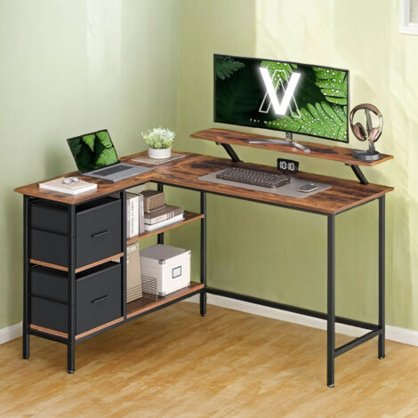 Vasagle – Bureau d'angle en L avec 2 tiroirs spacieux – Support pour écran réglable – Structure en acier – Dimensions 105,1 x 135,1 x 75,6 cm – Marron (1/5)