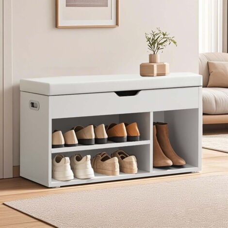 Banc à Chaussures Rembourré, 3 Compartiments, Capacité de Charge 136 kg, Rangement Caché, Étagères, pour Chambre, Salon, Entrée, Blanc Nuage (1/5)