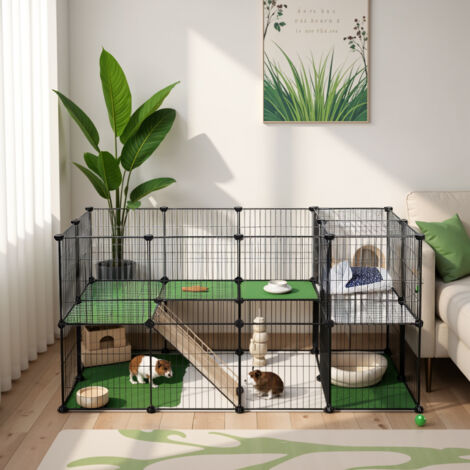 Songmics – Cage pour rongeur 2 étages – Grille métallique noire – 143 x 73 x 73 cm – Montage rapide avec 36 panneaux grillagés – Espace entre barreaux 2,5 cm