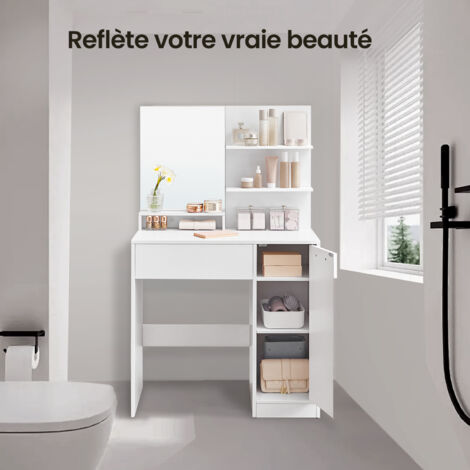 Vasagle – Coiffeuse avec miroir 80x40x132 cm – Panneau d’aggloméré blanc nuage – 1 tiroir et 2 étagères pour rangement efficace